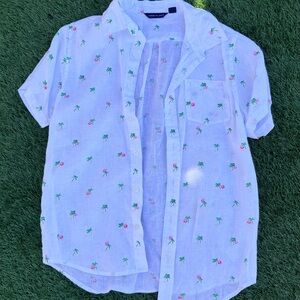 Janie & Jack Short Sleeve Poplin White Shirt with Palm Tree Print